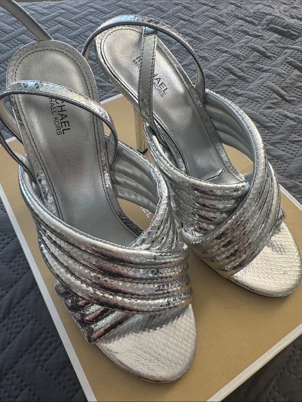 Michael Kors Silver Metallic Crisscross Slingback Heels